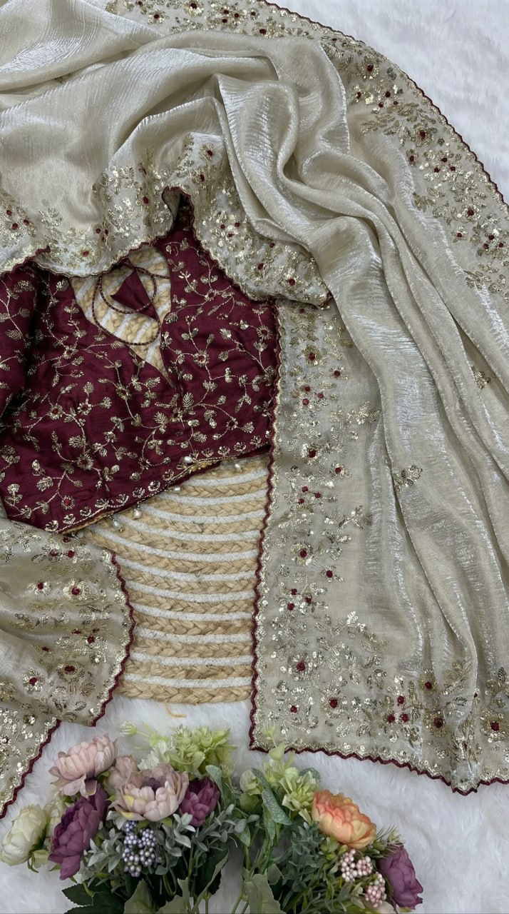 Designer Fandy Satin Saree with 3mm Sequins Pallu &amp; Cutwork Border – WHITE