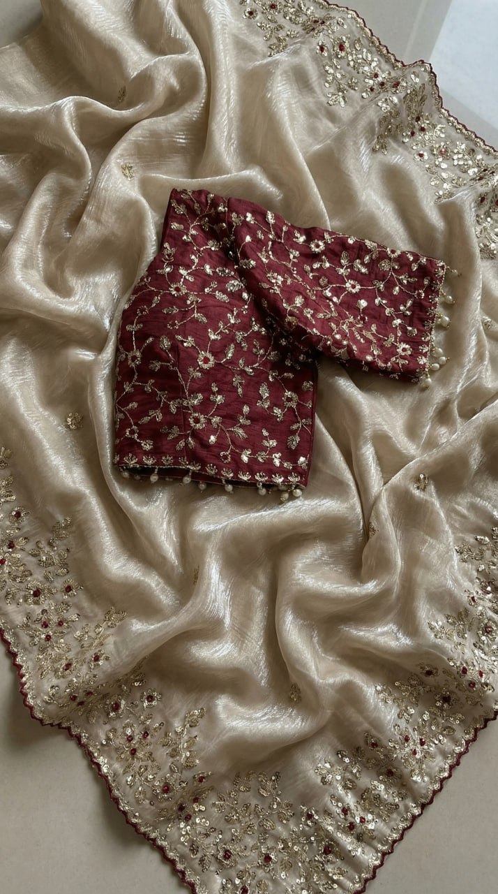 Designer Fandy Satin Saree with 3mm Sequins Pallu &amp; Cutwork Border – CREAM