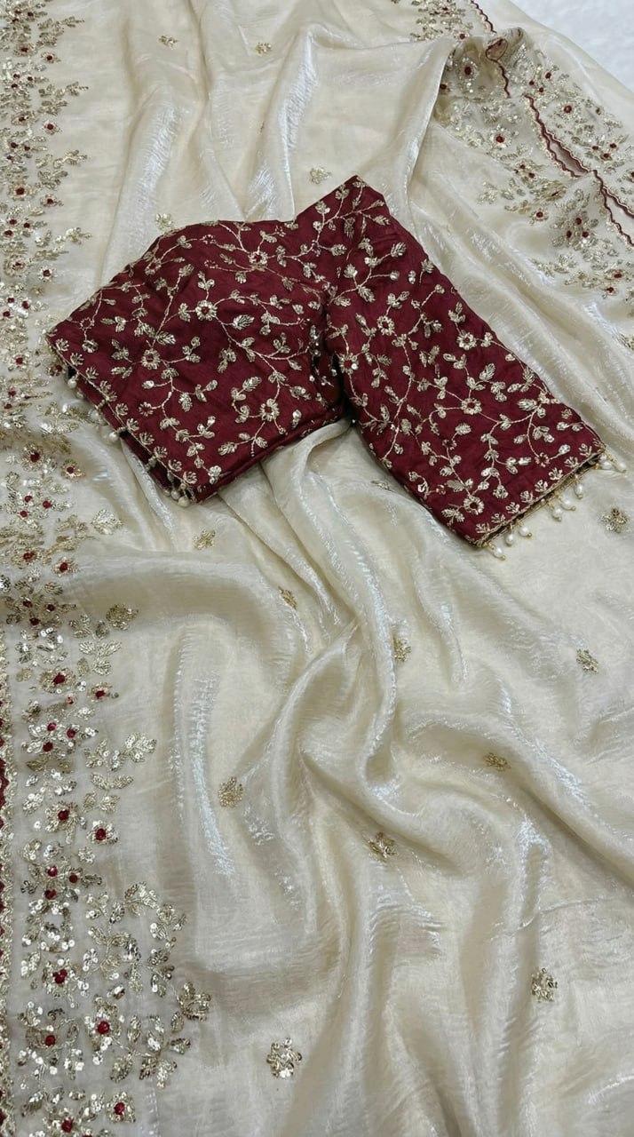 Designer Fandy Satin Saree with 3mm Sequins Pallu &amp; Cutwork Border – WHITE