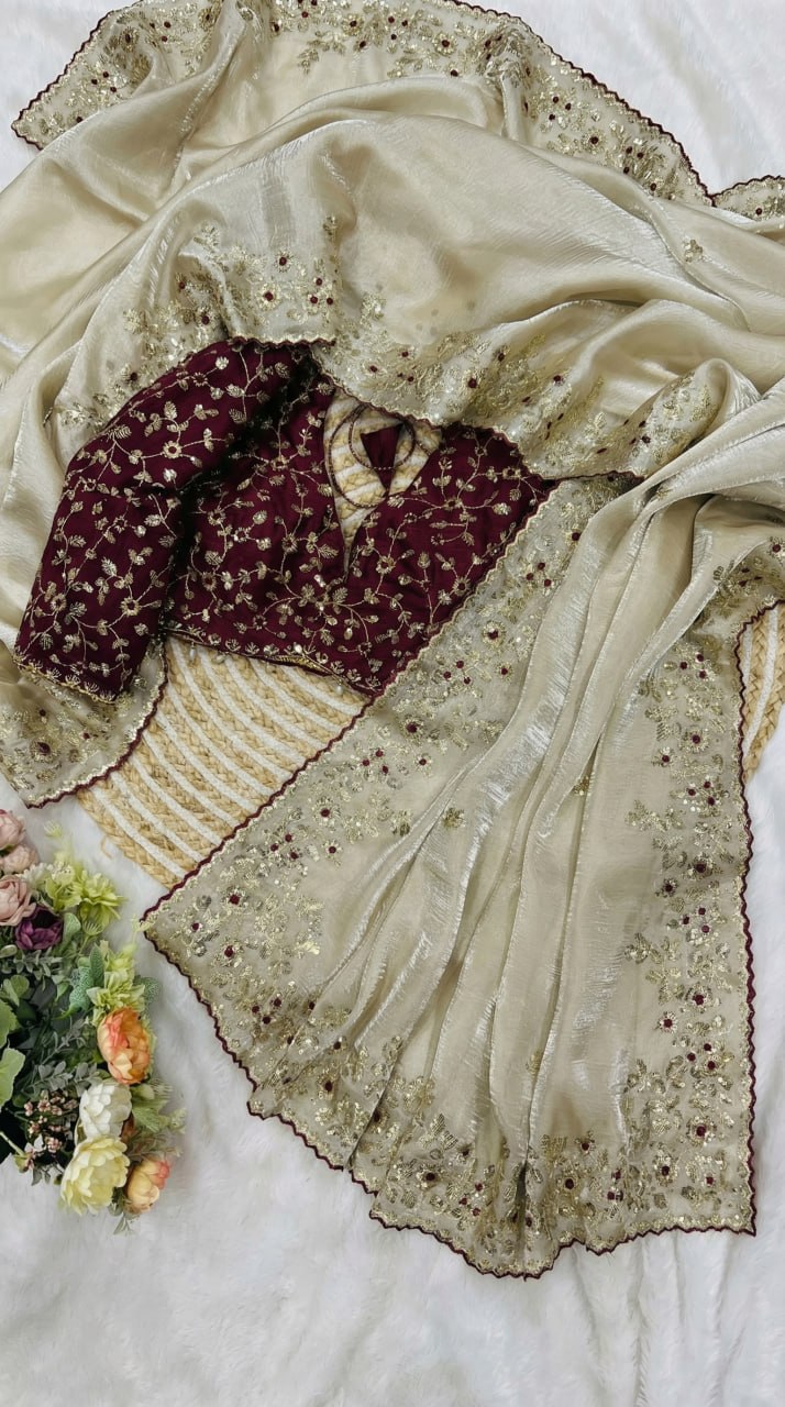 Designer Fandy Satin Saree with 3mm Sequins Pallu &amp; Cutwork Border – WHITE