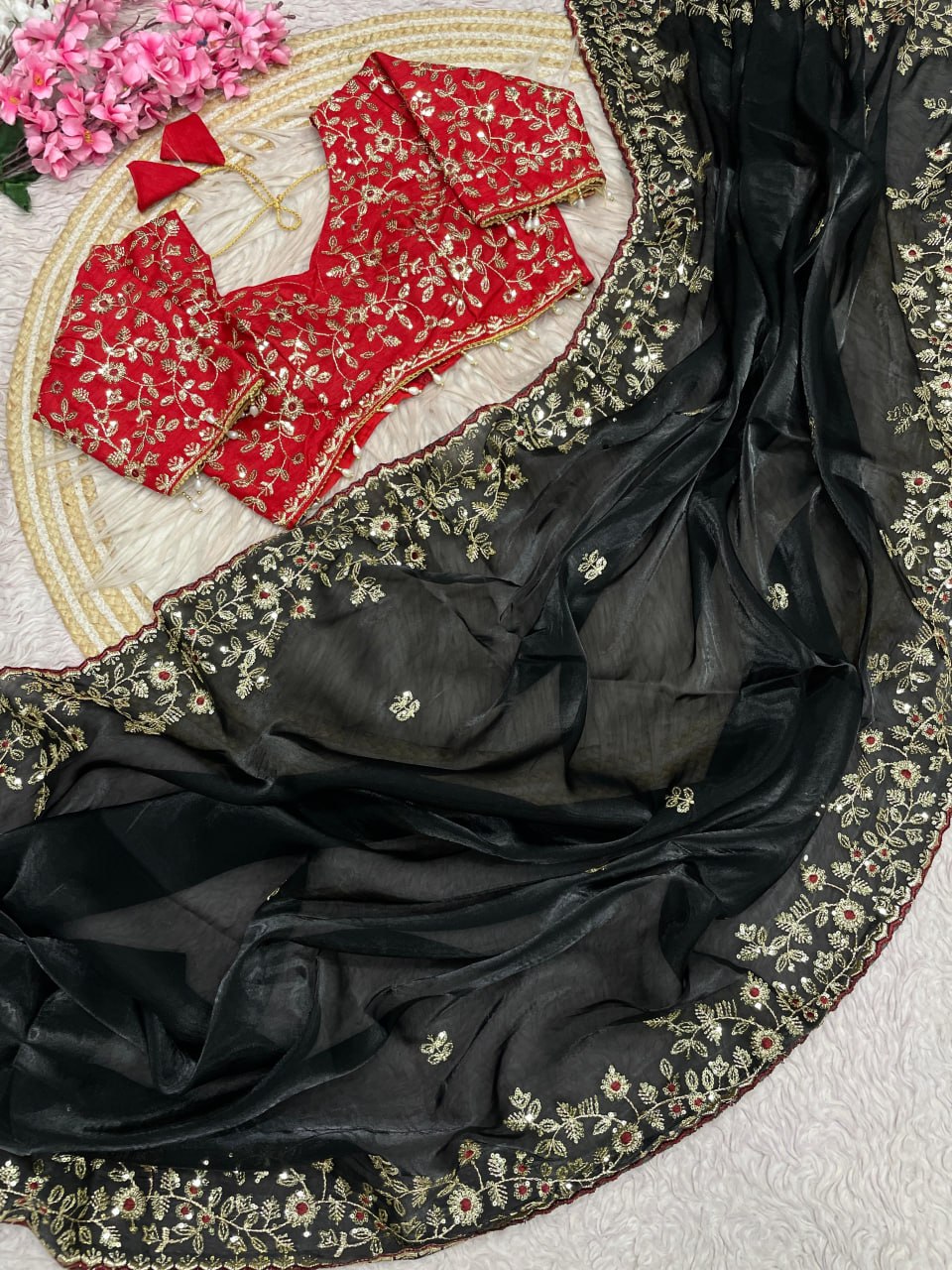 Designer Fandy Satin Saree with 3mm Sequins Pallu &amp; Cutwork Border – BLACK