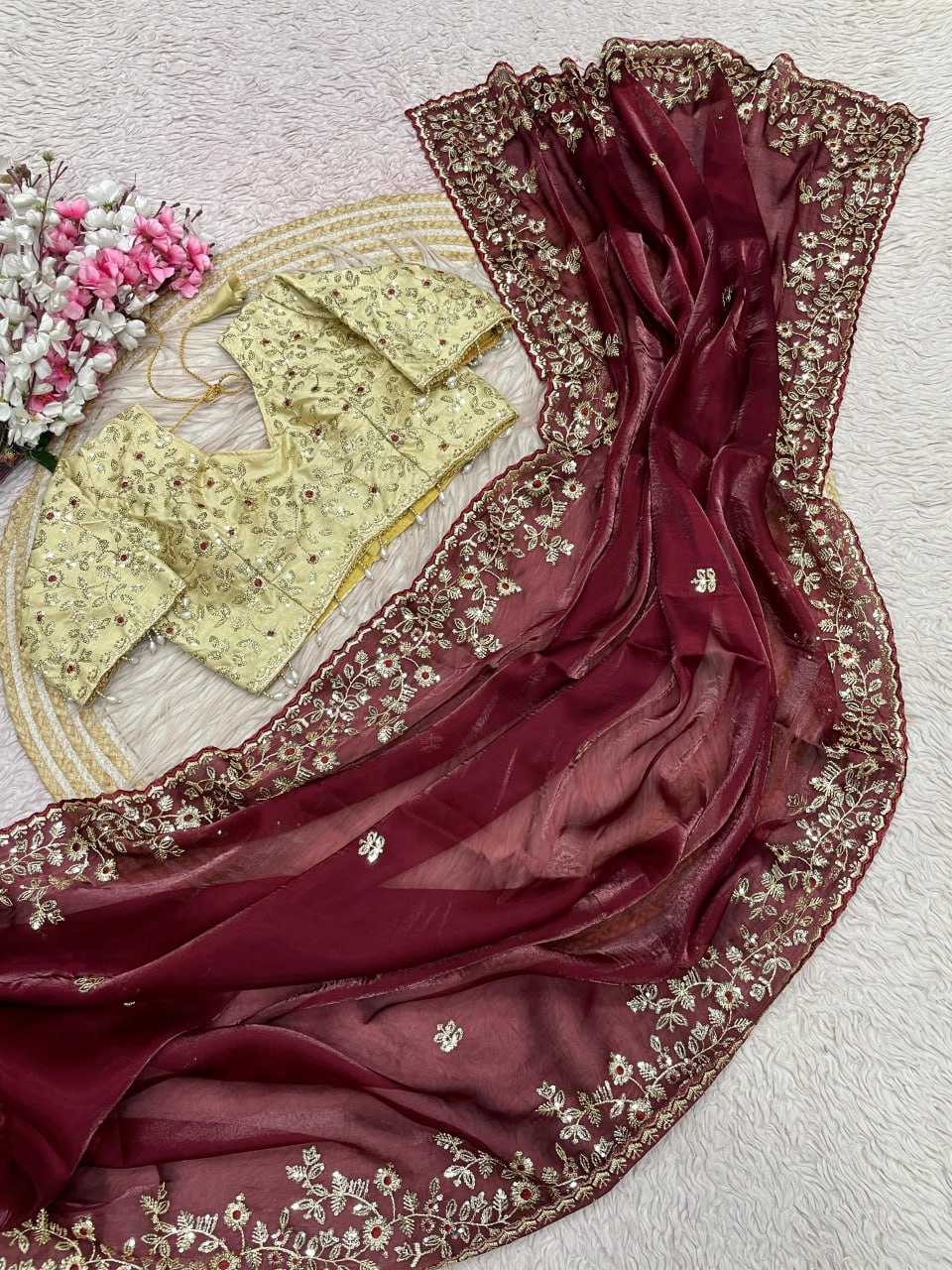 Designer Fandy Satin Saree with 3mm Sequins Pallu &amp; Cutwork Border – MAROON