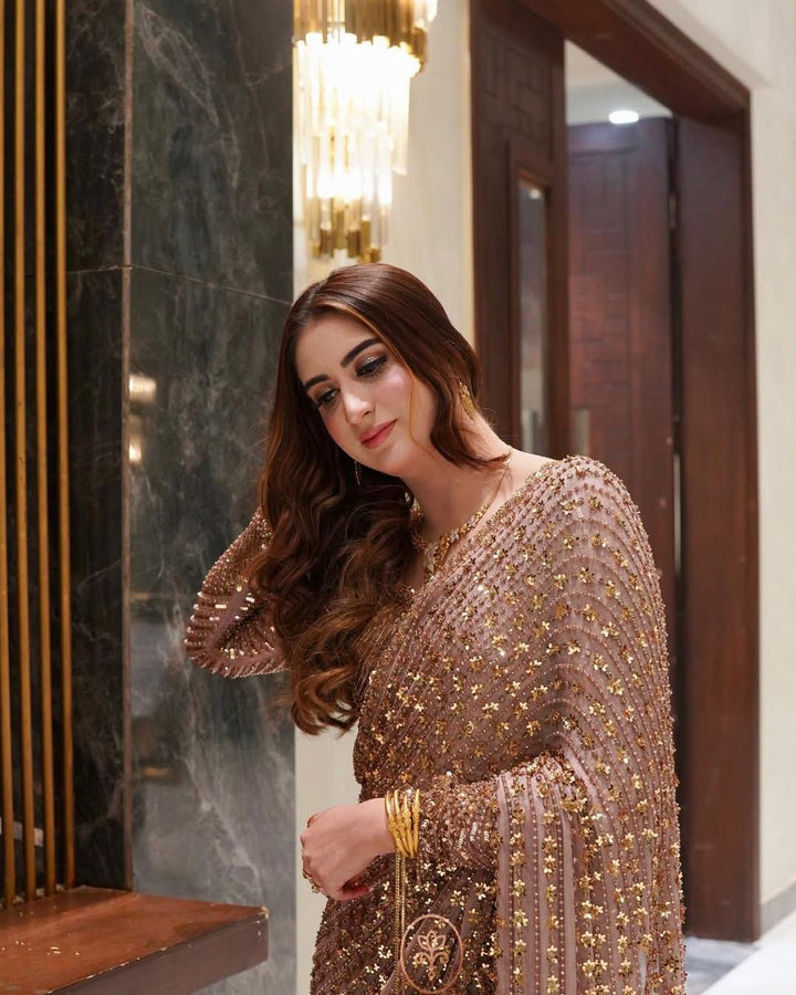 Luxury Sequins Work Butterfly Net Saree with Heavy Designer Blouse –  ROSE GOLD