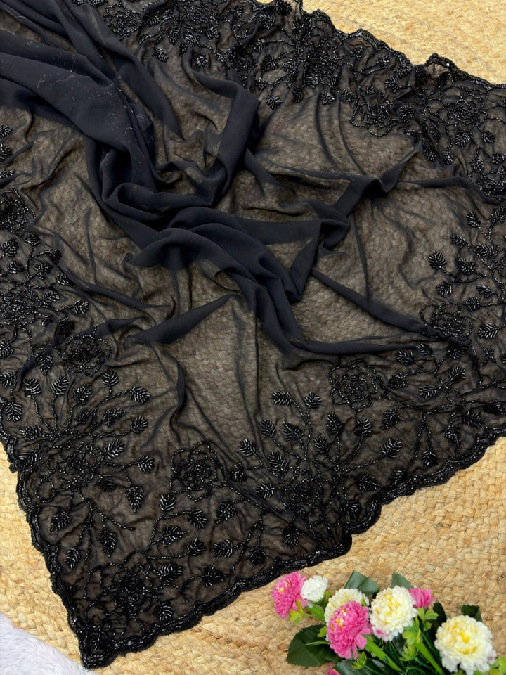 Designer Pure Fox Georgette Saree with Black Beads Work &amp; Cutwork Border – BLACK