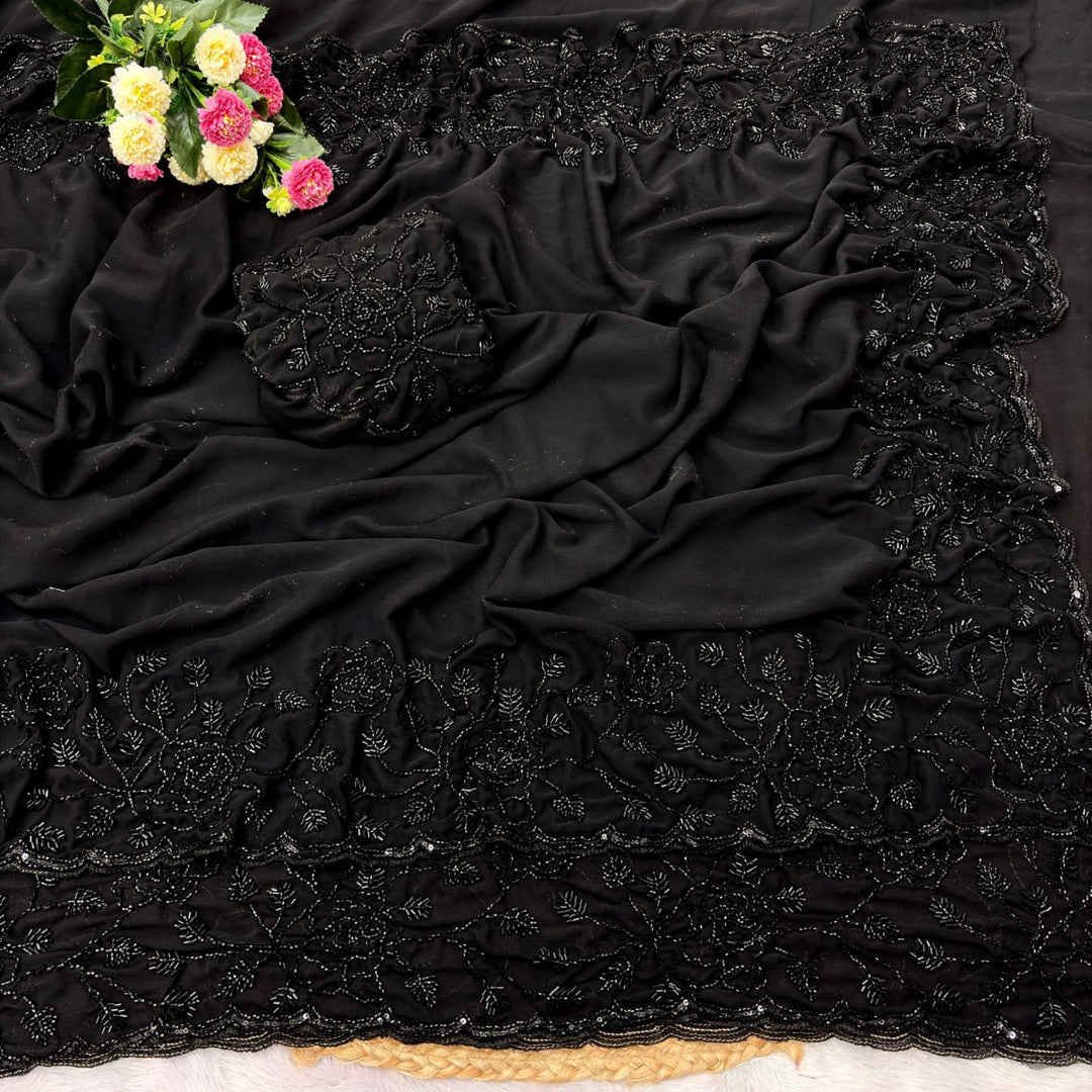Designer Pure Fox Georgette Saree with Black Beads Work &amp; Cutwork Border – BLACK