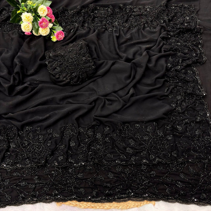 Designer Pure Fox Georgette Saree with Black Beads Work &amp; Cutwork Border – BLACK