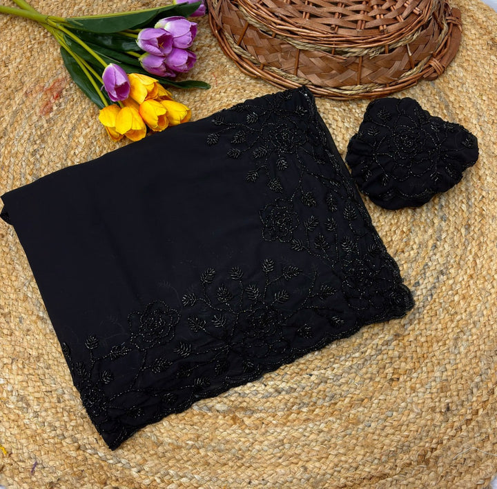 Designer Pure Fox Georgette Saree with Black Beads Work &amp; Cutwork Border – BLACK