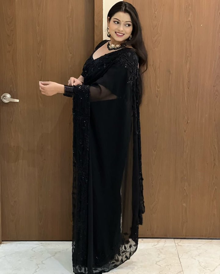 Designer Pure Fox Georgette Saree with Black Beads Work &amp; Cutwork Border – BLACK
