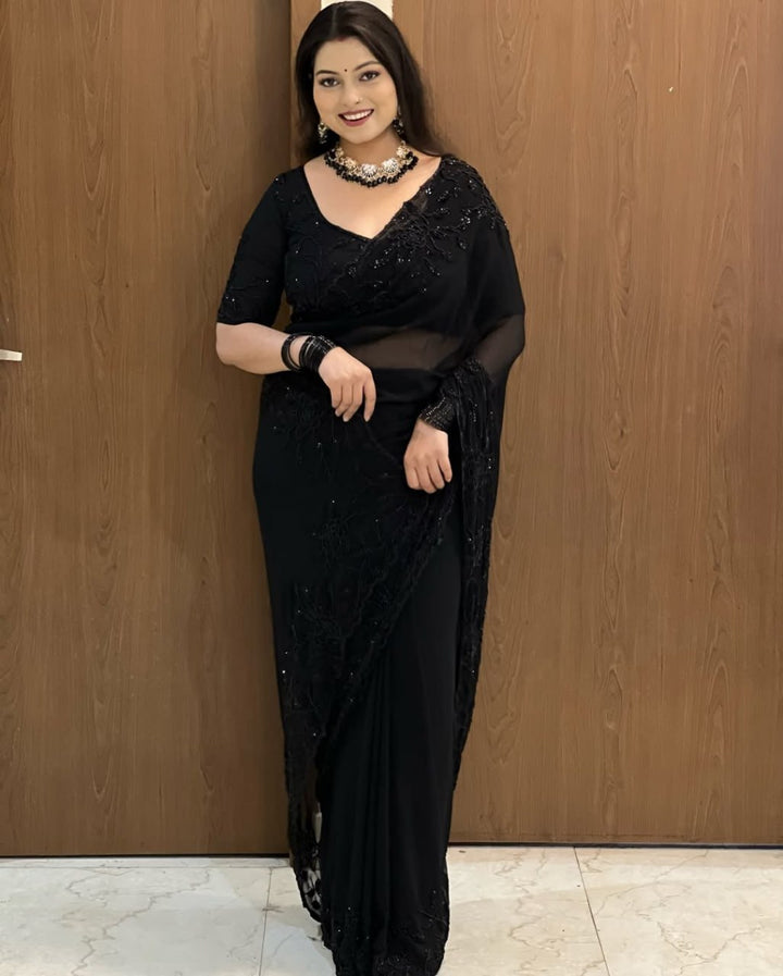Designer Pure Fox Georgette Saree with Black Beads Work &amp; Cutwork Border – BLACK