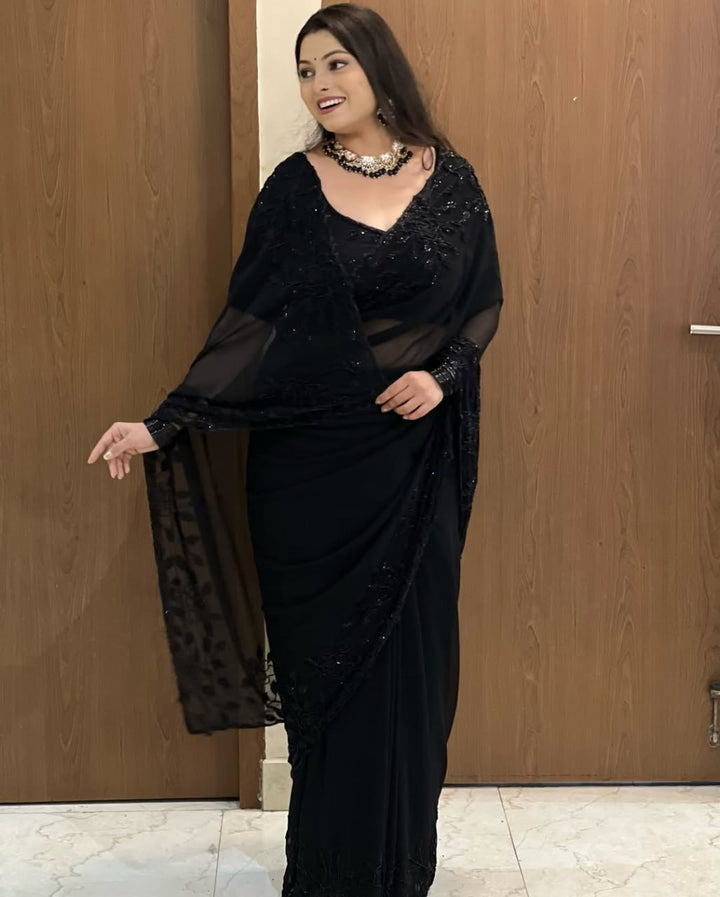 Designer Pure Fox Georgette Saree with Black Beads Work &amp; Cutwork Border – BLACK