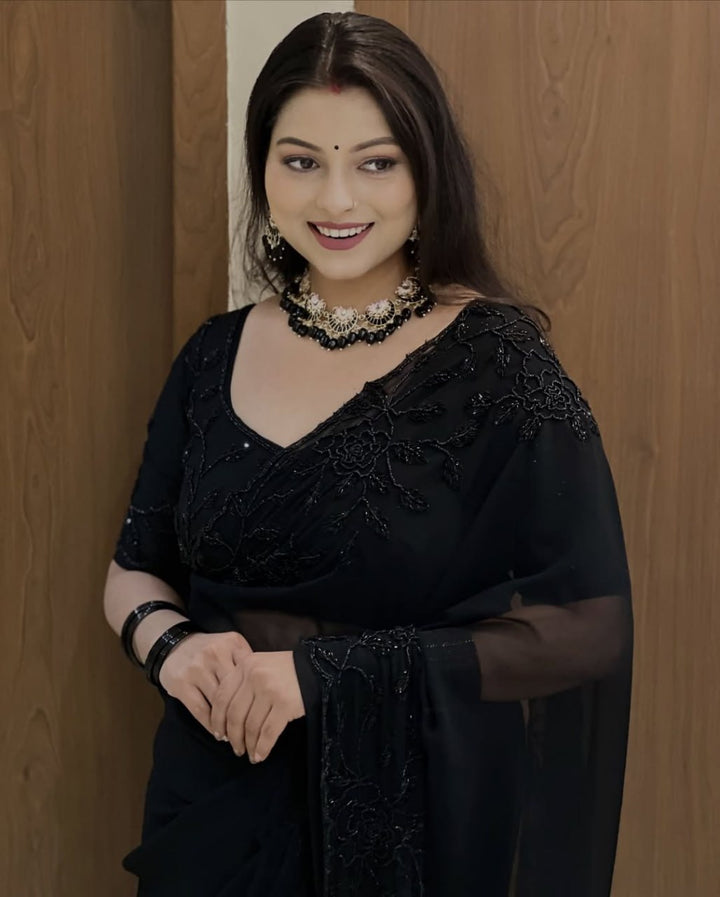 Designer Pure Fox Georgette Saree with Black Beads Work &amp; Cutwork Border – BLACK