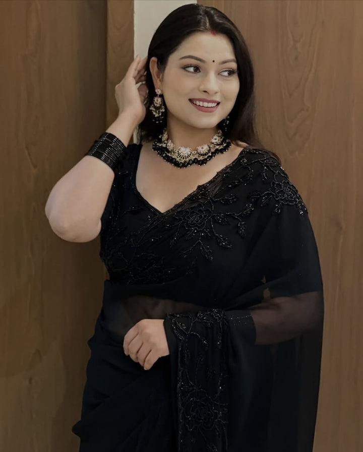 Designer Pure Fox Georgette Saree with Black Beads Work &amp; Cutwork Border – BLACK