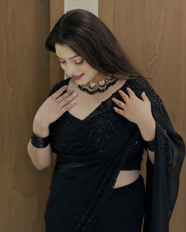 Designer Pure Fox Georgette Saree with Black Beads Work &amp; Cutwork Border – BLACK