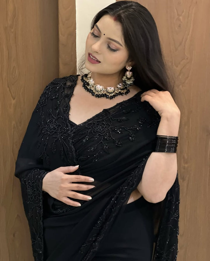 Designer Pure Fox Georgette Saree with Black Beads Work &amp; Cutwork Border – BLACK