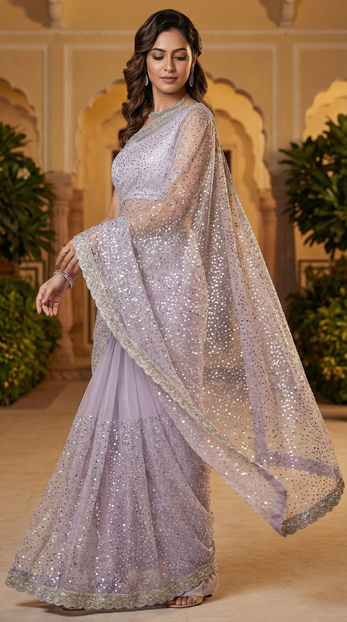 Elegant Pure Soft Net Saree with Original Beads Work &amp; Designer Cutwork Border - LIGHT PURPLE