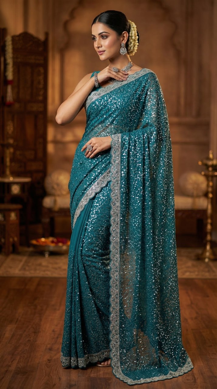 Elegant Pure Soft Net Saree with Original Beads Work &amp; Designer Cutwork Border - BLUE