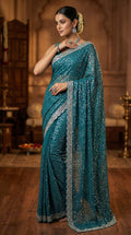 Elegant Pure Soft Net Saree with Original Beads Work & Designer Cutwork Border - BLUE