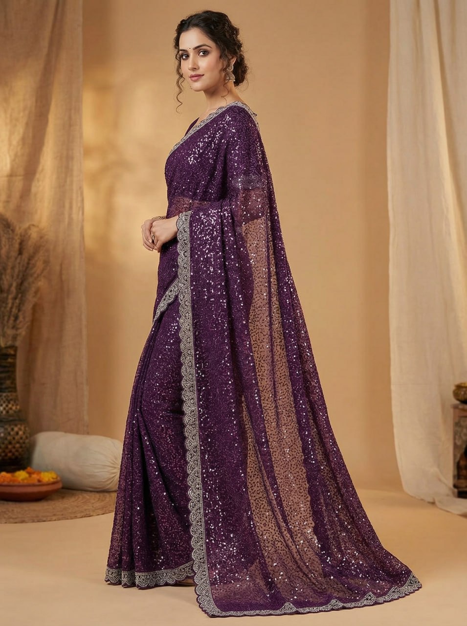 Elegant Pure Soft Net Saree with Original Beads Work &amp; Designer Cutwork Border - DARK PURPLE
