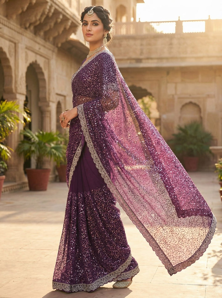 Elegant Pure Soft Net Saree with Original Beads Work &amp; Designer Cutwork Border - DARK PURPLE