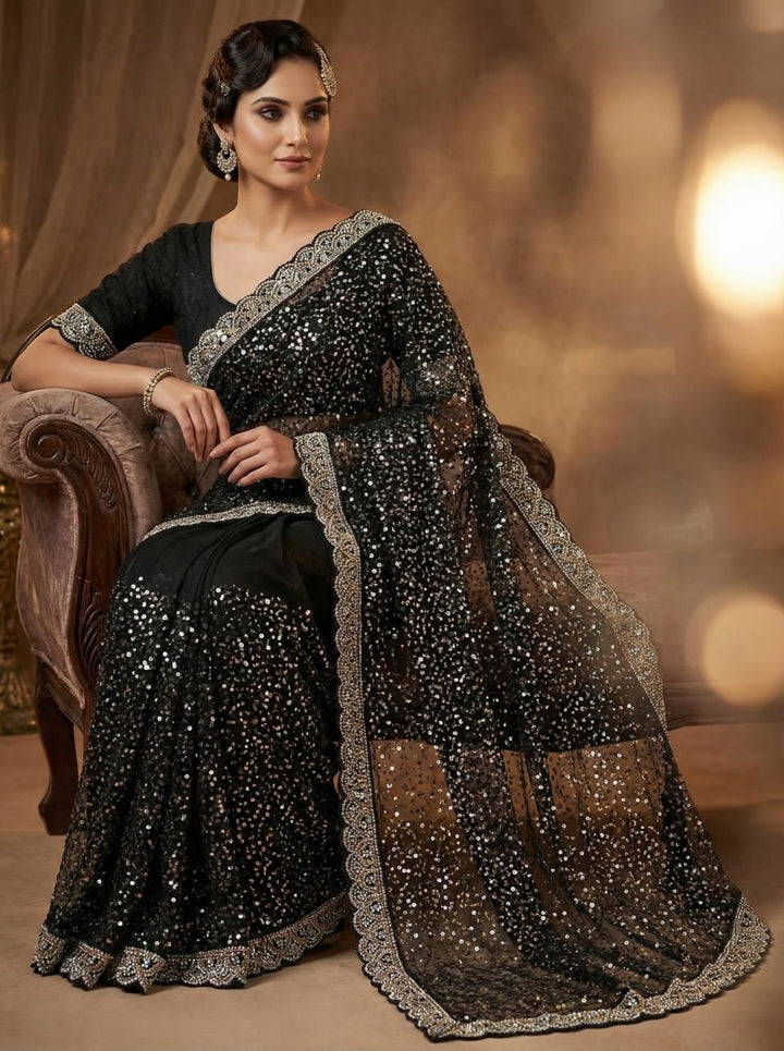 Elegant Pure Soft Net Saree with Original Beads Work &amp; Designer Cutwork Border - BLACK