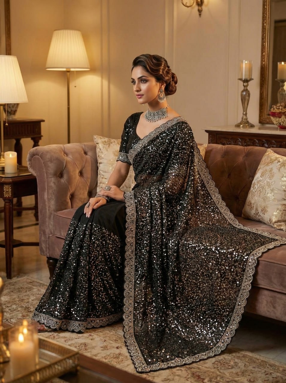 Elegant Pure Soft Net Saree with Original Beads Work &amp; Designer Cutwork Border - BLACK