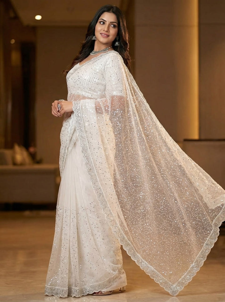 Elegant Pure Soft Net Saree with Original Beads Work &amp; Designer Cutwork Border - WHITE