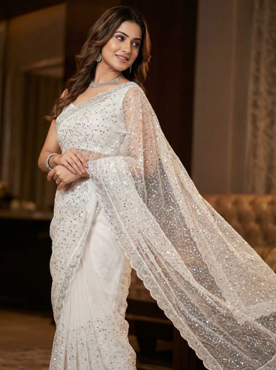 Elegant Pure Soft Net Saree with Original Beads Work &amp; Designer Cutwork Border - WHITE
