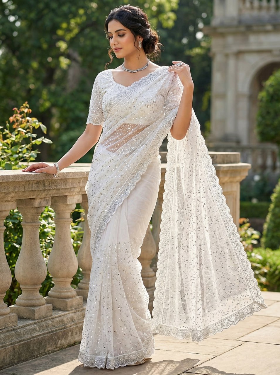Elegant Pure Soft Net Saree with Original Beads Work &amp; Designer Cutwork Border - WHITE