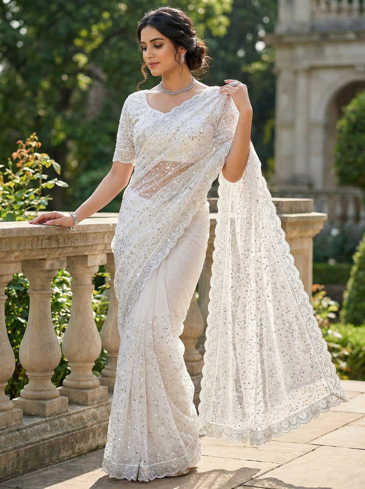 Elegant Pure Soft Net Saree with Original Beads Work &amp; Designer Cutwork Border - WHITE