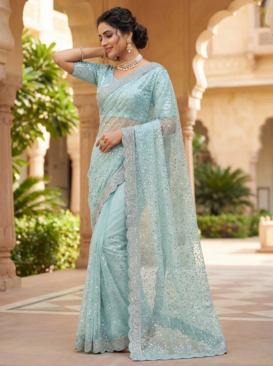 Elegant Pure Soft Net Saree with Original Beads Work &amp; Designer Cutwork Border- SKY BLUE