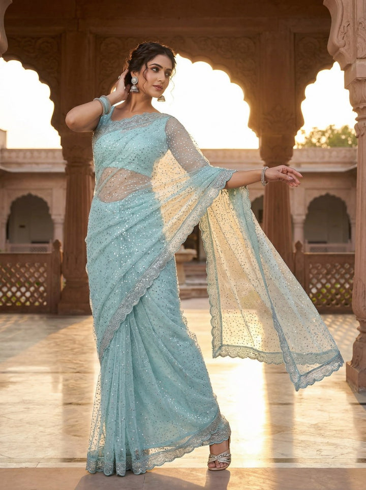 Elegant Pure Soft Net Saree with Original Beads Work &amp; Designer Cutwork Border- SKY BLUE