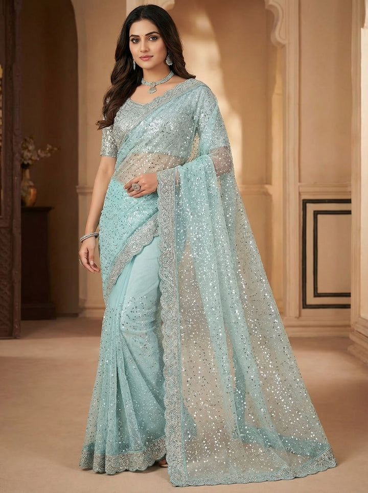 Elegant Pure Soft Net Saree with Original Beads Work &amp; Designer Cutwork Border- SKY BLUE