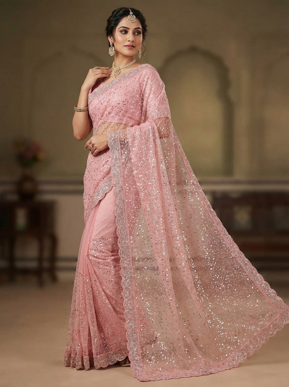 Elegant Pure Soft Net Saree with Original Beads Work &amp; Designer Cutwork Border - LIGHT PINK