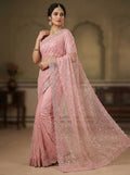 Elegant Pure Soft Net Saree with Original Beads Work & Designer Cutwork Border - LIGHT PINK