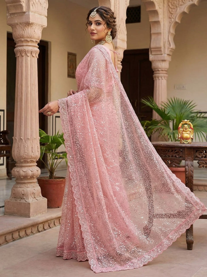 Elegant Pure Soft Net Saree with Original Beads Work &amp; Designer Cutwork Border - LIGHT PINK
