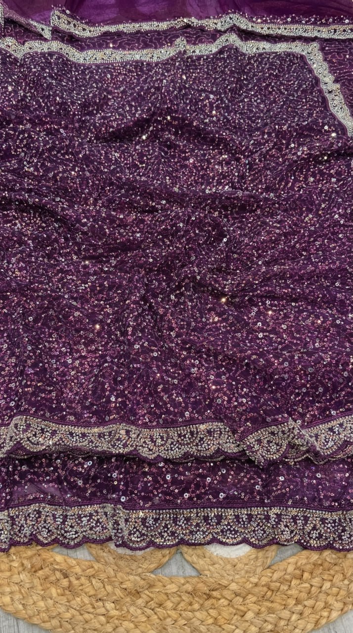 Elegant Pure Soft Net Saree with Original Beads Work &amp; Designer Cutwork Border - DARK PURPLE