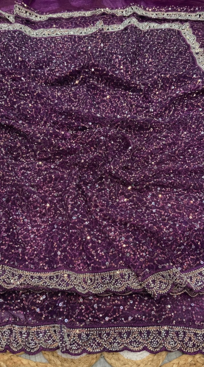 Elegant Pure Soft Net Saree with Original Beads Work &amp; Designer Cutwork Border - DARK PURPLE