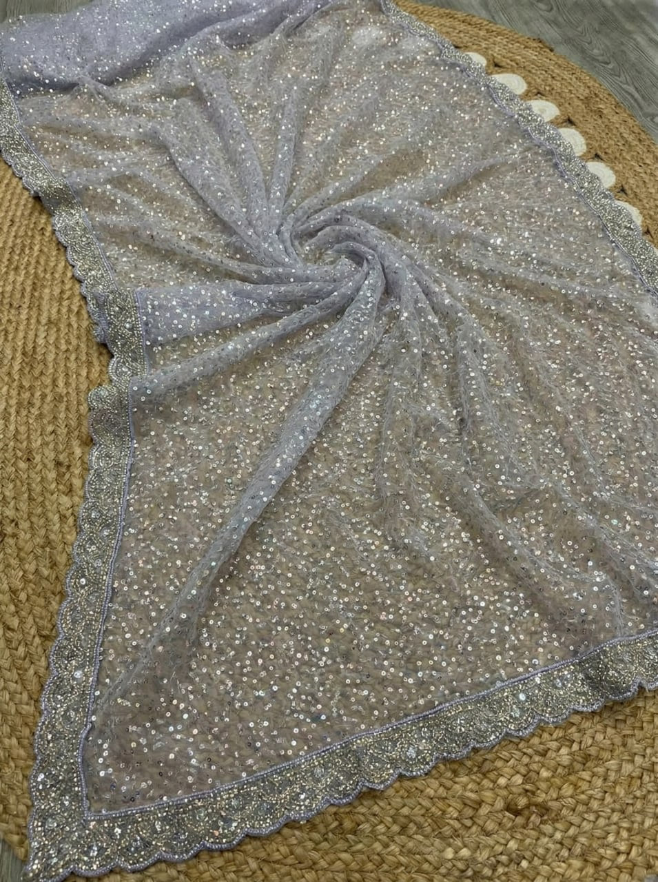 Elegant Pure Soft Net Saree with Original Beads Work &amp; Designer Cutwork Border - LIGHT PURPLE