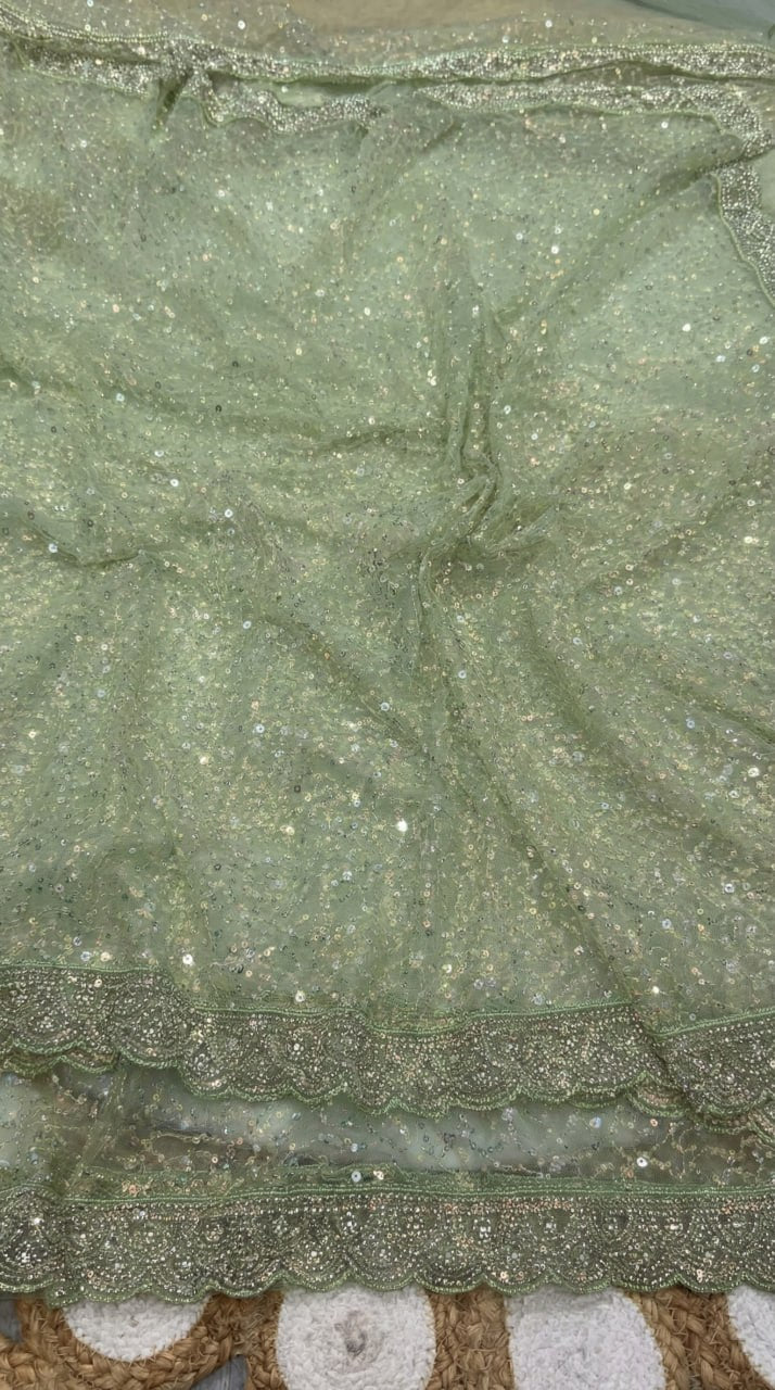 Elegant Pure Soft Net Saree with Original Beads Work &amp; Designer Cutwork Border - PISTA