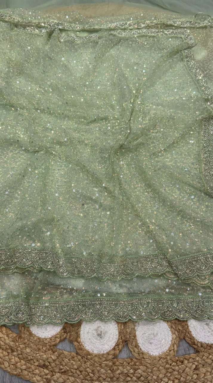 Elegant Pure Soft Net Saree with Original Beads Work &amp; Designer Cutwork Border - PISTA