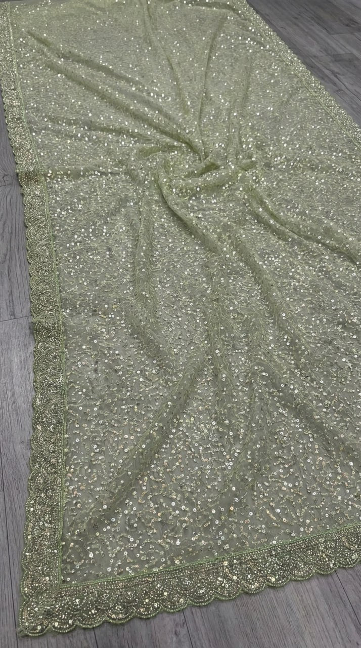 Elegant Pure Soft Net Saree with Original Beads Work &amp; Designer Cutwork Border - PISTA