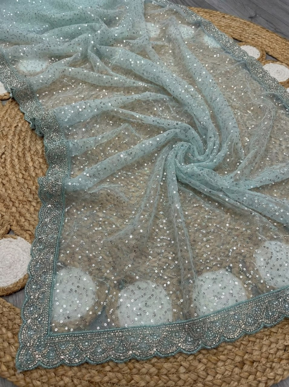 Elegant Pure Soft Net Saree with Original Beads Work &amp; Designer Cutwork Border- SKY BLUE