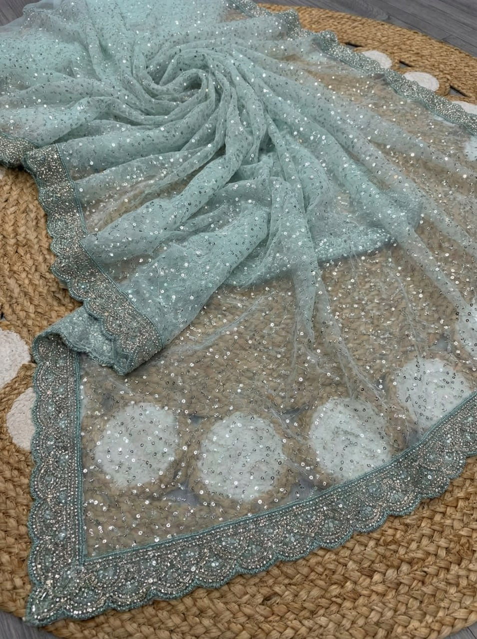 Elegant Pure Soft Net Saree with Original Beads Work &amp; Designer Cutwork Border- SKY BLUE
