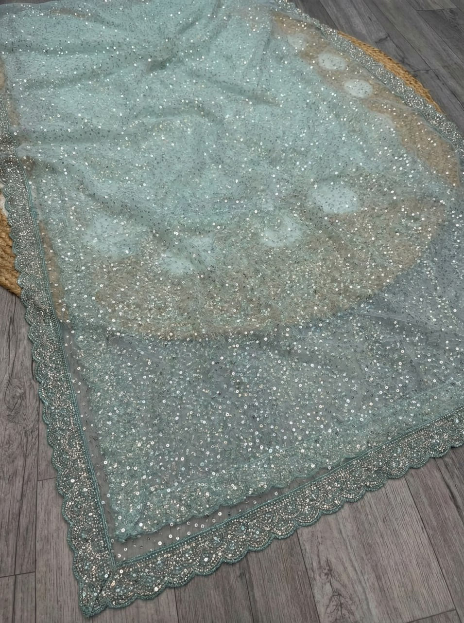 Elegant Pure Soft Net Saree with Original Beads Work &amp; Designer Cutwork Border- SKY BLUE