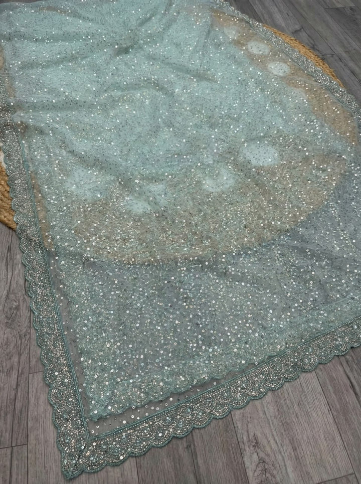Elegant Pure Soft Net Saree with Original Beads Work &amp; Designer Cutwork Border- SKY BLUE
