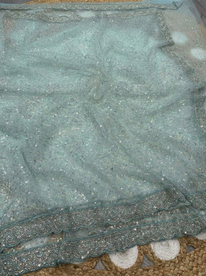 Elegant Pure Soft Net Saree with Original Beads Work &amp; Designer Cutwork Border- SKY BLUE