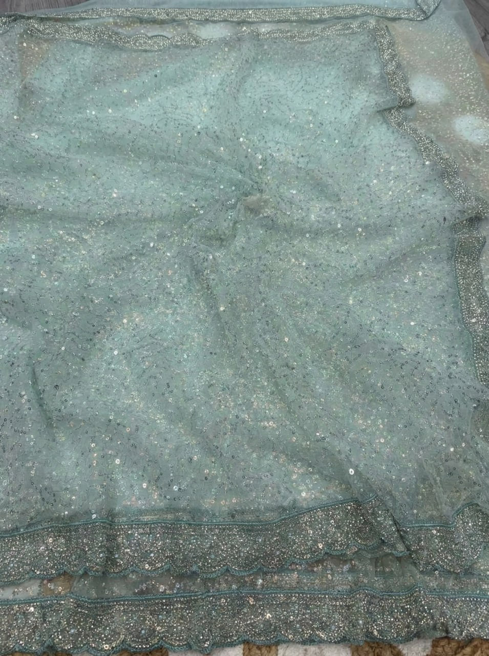 Elegant Pure Soft Net Saree with Original Beads Work &amp; Designer Cutwork Border- SKY BLUE