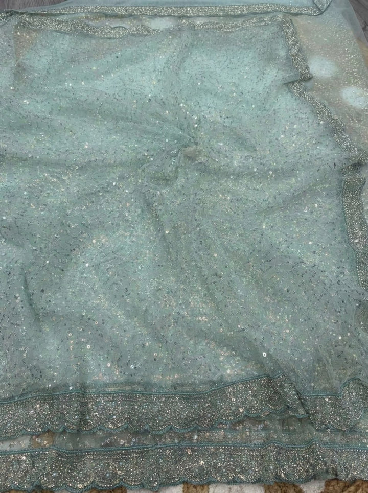 Elegant Pure Soft Net Saree with Original Beads Work &amp; Designer Cutwork Border- SKY BLUE