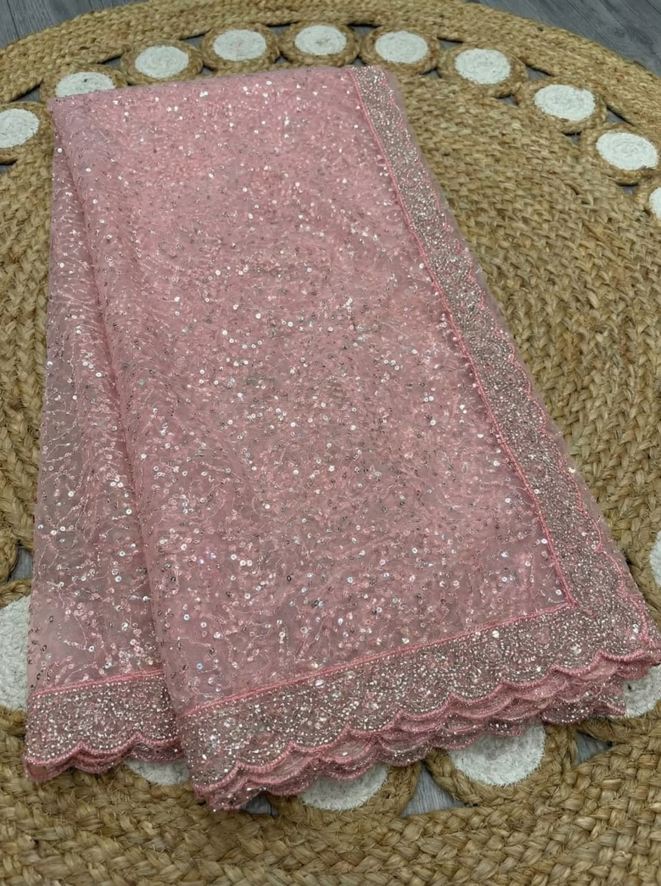 Elegant Pure Soft Net Saree with Original Beads Work &amp; Designer Cutwork Border - LIGHT PINK