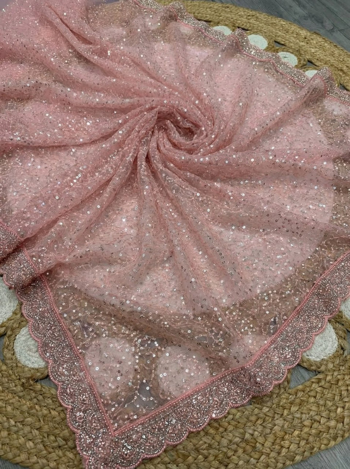 Elegant Pure Soft Net Saree with Original Beads Work &amp; Designer Cutwork Border - LIGHT PINK